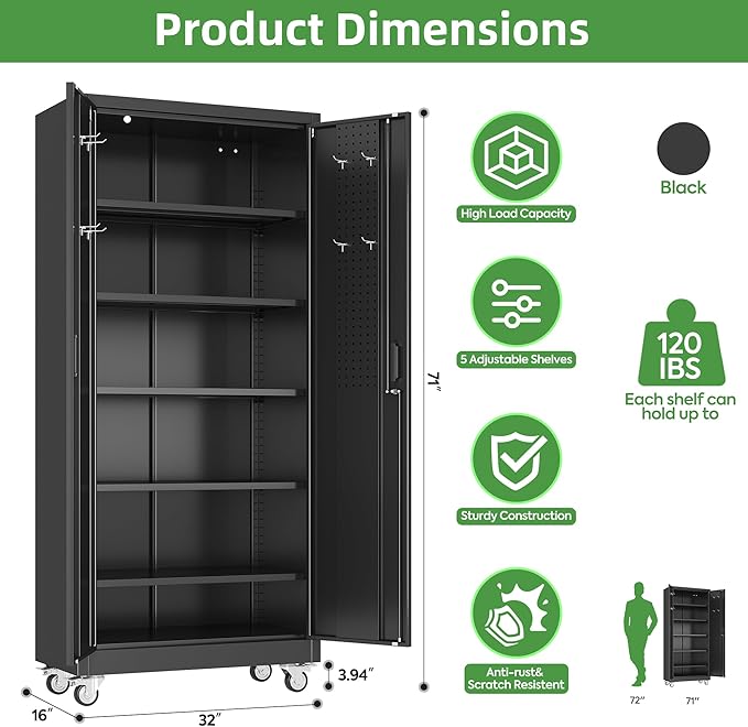 Metal Storage Cabinet with Wheels and Pegboard, Assembly Required - Image 3