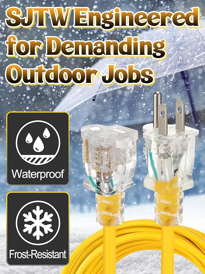 Lighted End Heavy Duty Outdoor Extension Cord Waterproof -16AWG, 3 Prong - Image 2