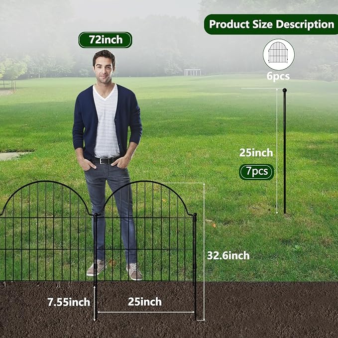 Decorative Metal Garden Fence 6 Panels, 25in x 12.2ft No Dig Outdoor Dog Fence - Image 2