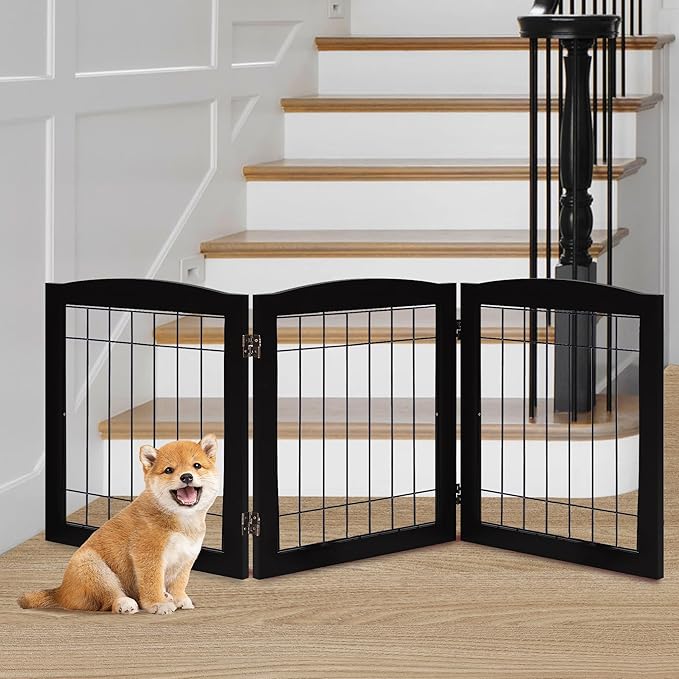 LZRS 3-Panel Freestanding Foldable Wooden Dog Gate –Solid Wood & Steel Wire by LZRSPET