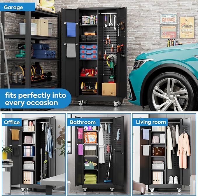 Garage Storage Cabinet with Wheels and 5 Pegboard, Metal Storage Cabinets with - Image 8
