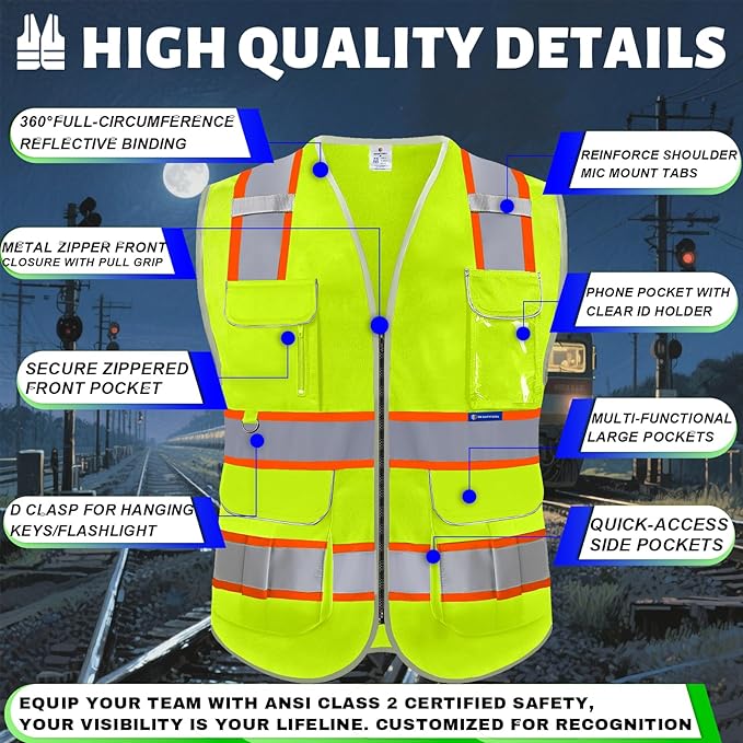 BeautyWill Custom Logo 10 Pockets Safety Vest Class2 ANSI Certified High - Image 6