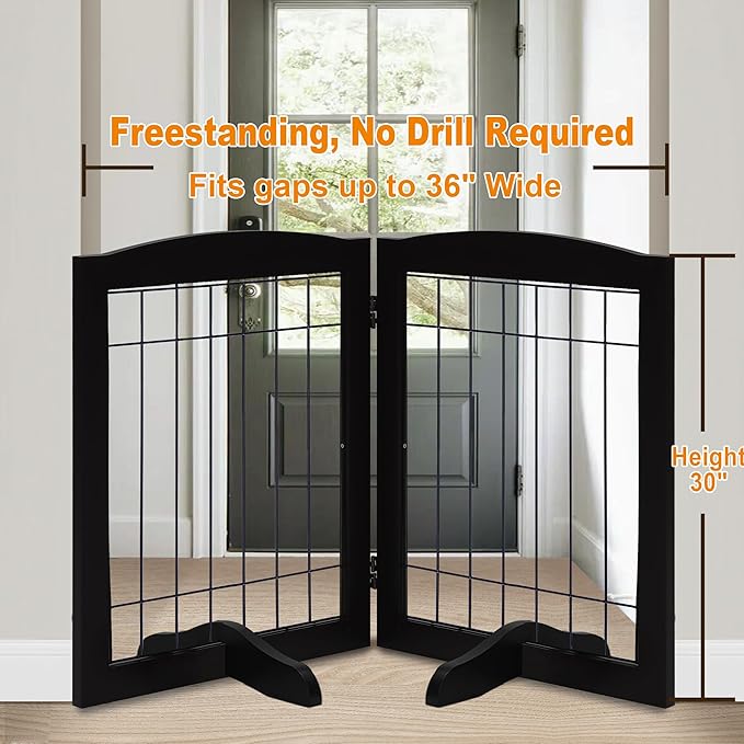 LZRS 2-Panel Freestanding Adjustable Wooden Dog Gate—30” Tall Foldable Pet - Image 2