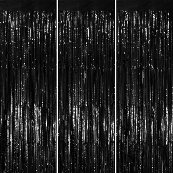 3 Pack 3.3x8.2 Feet Black Foil Fringe Backdrop Curtains, Tinsel Streamers by Voircoloria