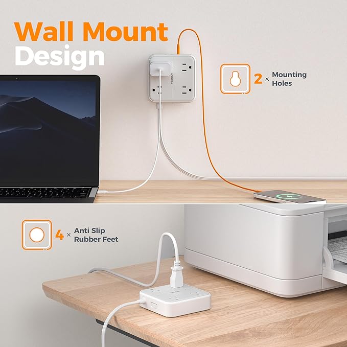 Flat Plug Extension Cord 5 Ft, TESSAN Surge Protector Power Strip Ring Pull - Image 9