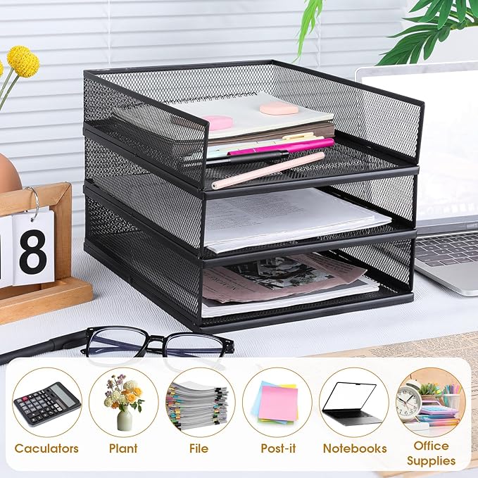 3 Pcs Black Metal Letter Tray, 3-Tier Stackable Paper Tray, Metal Mesh Desktop - Image 3