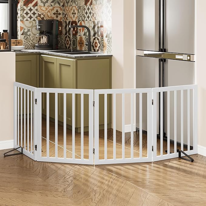 Wooden Dog Gate Freestanding Foldable Pet Gate 4 Panel Fully Assembled Dog Gates by MinoKesper