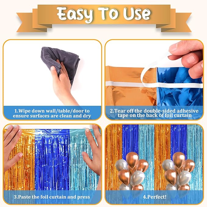 3 Pack 3.3 x 8.2 ft Blue Orange Foil Fringe Backdrop Curtains, Tinsel Streamers - Image 4