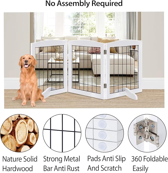 LZRS 3-Panel Freestanding Adjustable Wooden Dog Gate—30" Tall Foldable Pet - Image 3