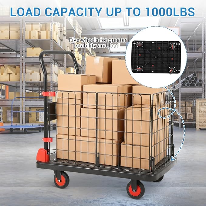 Platform Truck Cart with Cage, 35 * 23 * 20 in 1000LBS Capacity Folding Cart - Image 4