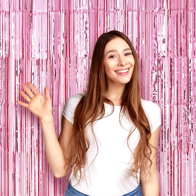 3 Pack 3.3 x 8.2 ft Light Pink Foil Fringe Backdrop Curtains, Tinsel Streamers - Image 6