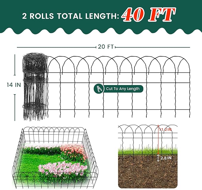 2 Rolls Black Garden Fence Border, 14 in x 40 ft Metal Folding Fence Wire Roll - Image 5