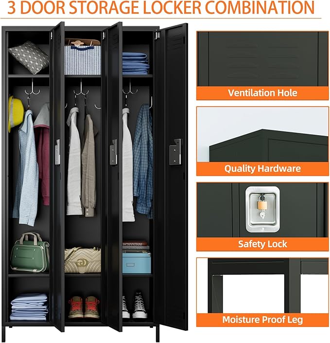 Metal Storage Locker with 3 Doors, Employee Lockers with 9 Hooks - Image 4