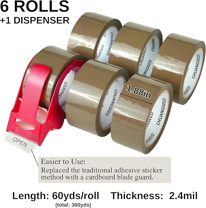 CHUANGSEED Packing Tape with Dispenser – 6 Rolls Brown Shipping Tape, Heavy - Image 4