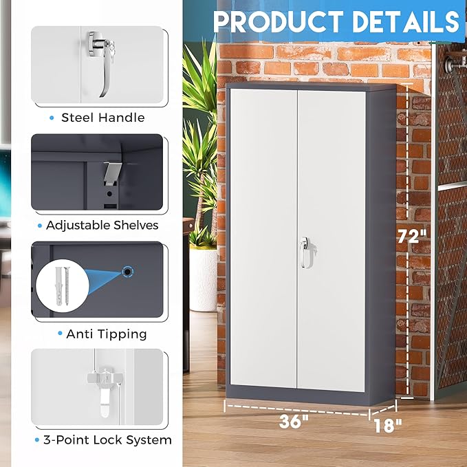 Greenvelly Metal Garage Storage Cabinet, Locking Steel Cabinet - Image 3