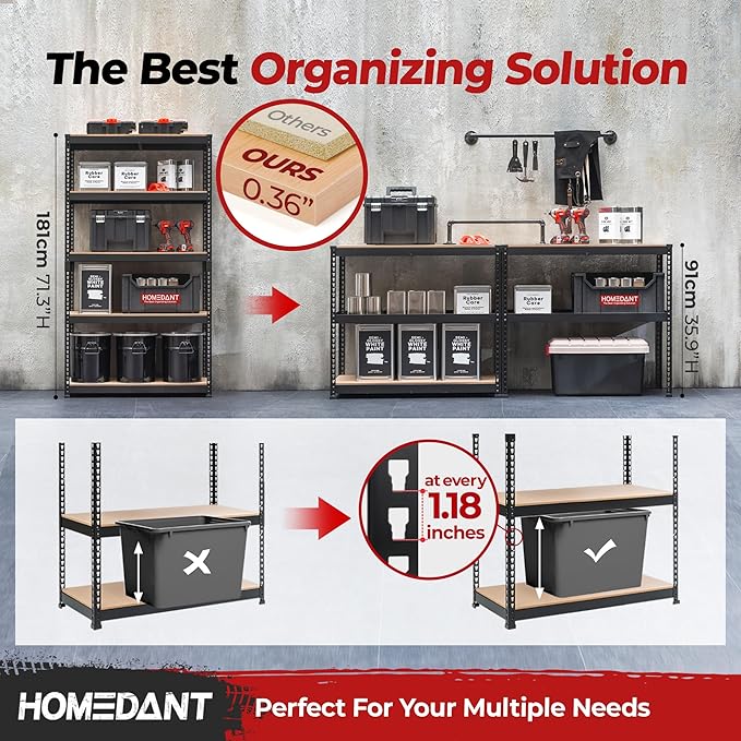 HOMEDANT 39.8" W 5 Tier Heavy Duty Garage Shelving Adjustable Metal Rack - Image 3