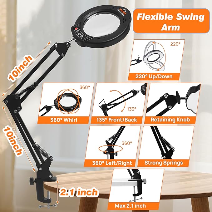 10X Magnifying Glass with Light and Clamp, 5 Color Stepless Dimmable Modes 84 - Image 6