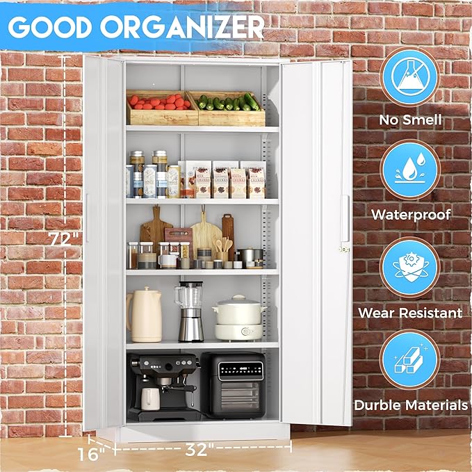 Greenvelly White Metal Storage Cabinet, Tall Tool Storage - Image 5