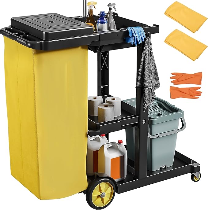 DWVO Janitorial Cart on Wheels, Cleaning Carts, Housekeeping Carts, 3 Shelf by DWVO
