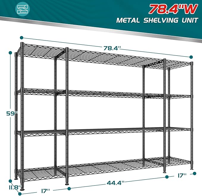 REIBII 78.4''W Wire Shelving Storage Shelves Unit Load 1500LBS, 4 Tier Metal - Image 3