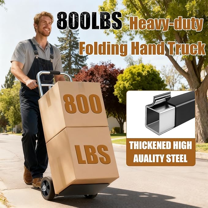 800 LB Dolly Cart with 8" Solid Rubber Wheels, Heavy Duty Folding Hand Truck - Image 2