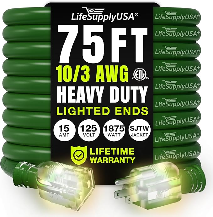 75ft Outdoor/Indoor Extension Cord 10/3 Gauge Ultra Heavy Duty 3 Prong SJTW by LifeSupplyUSA