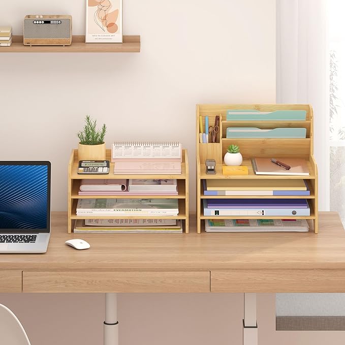 Bamboo Desk Organizer Mail Holder Countertop Letter Tray File Organizer - Image 4