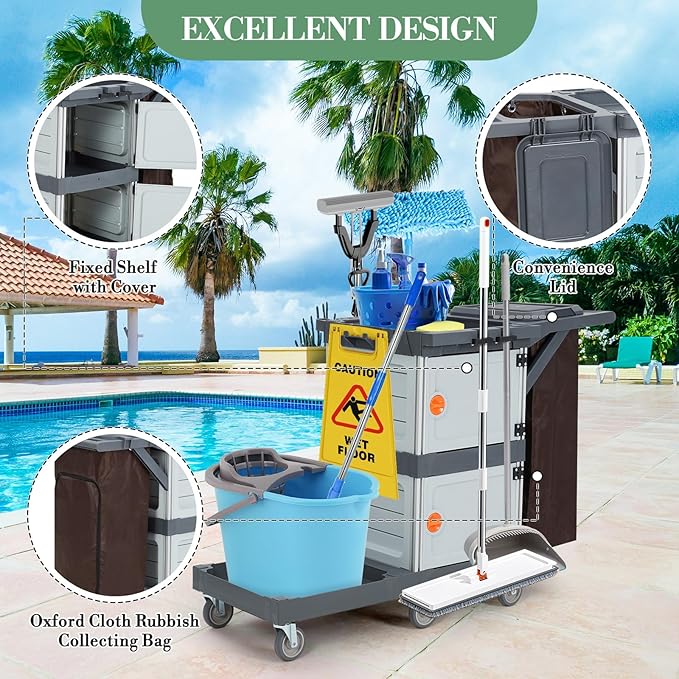 Janitorial Cart with 2 Cabinet, Commercial Cleaning Cart On Wheels with Cover - Image 3