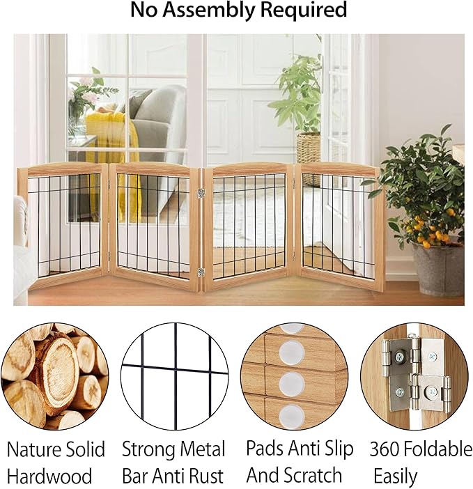 LZRS 4-Panel Extra-Wide Wooden Freestanding Dog Gate: Foldable Solid Wood and - Image 3