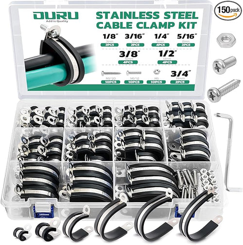 150PCS Cable Clamps with Screws Assortment Kit 304 Stainless Steel Rubber by OURU