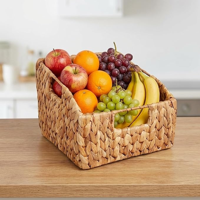 Wicker Pantry Basket Set of 2 – Handwoven Water Hyacinth Wicker Storage Baskets - Image 4