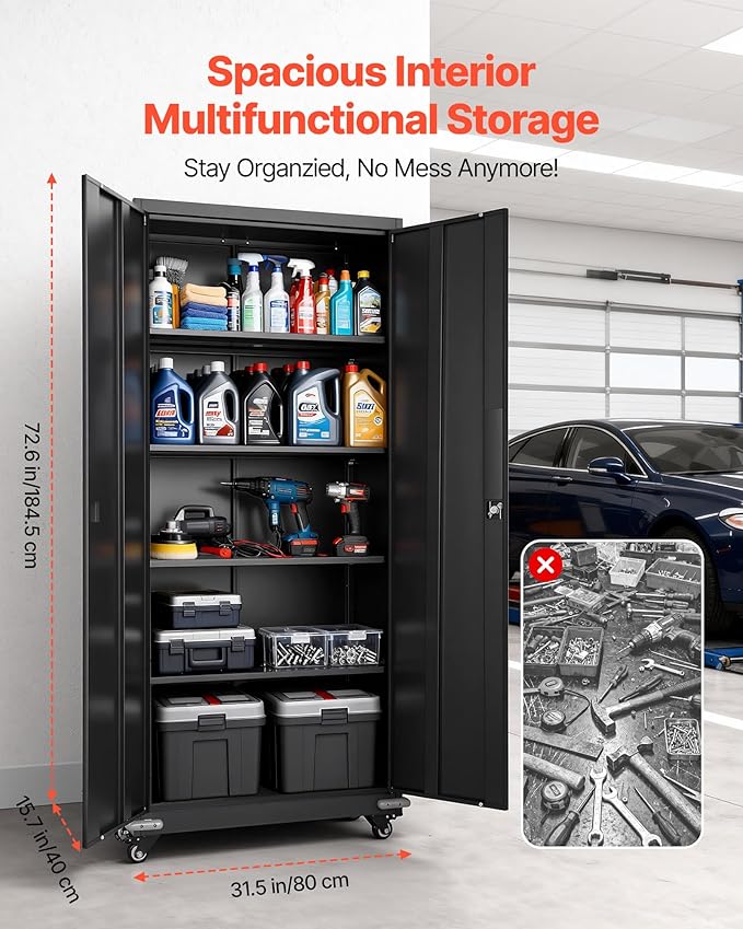 VEVOR Metal Storage Cabinet, 72.6 in Rolling Steel Garage Cabinet - Image 3