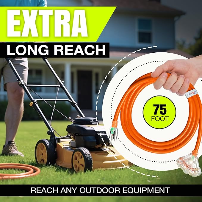 75ft Outdoor/Indoor Extension Cord 3-Outlet 12/3 Gauge Extra Heavy Duty ETL - Image 6