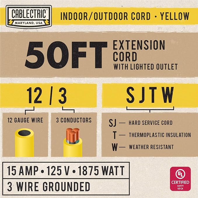12 Gauge Outdoor Extension Cord 50 ft, 12/3 Heavy Duty Extension Cord 3 Prong - Image 2