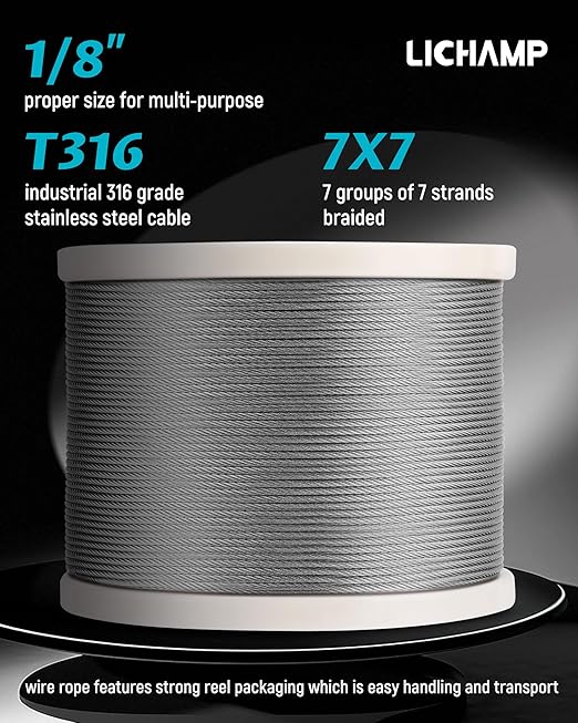 Lichamp 1000FT 1/8" Stainless Steel Wire Rope Cable, Aircraft 316 SS Braided - Image 2