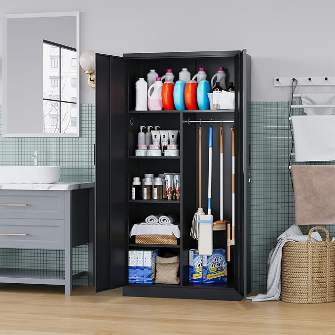Broom Closet with Lock, Metal Storage Cabinet 36" Wide, 5-Tier Steel Utility - Image 4