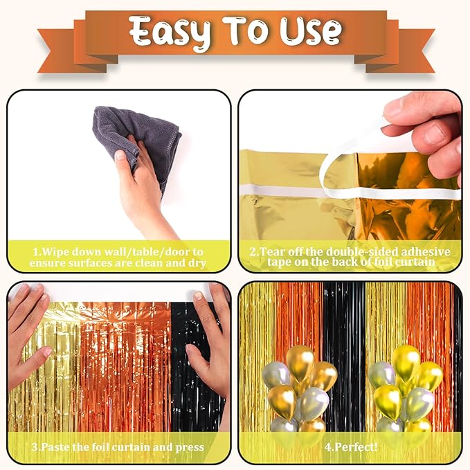 3 Pack 3.3 x 8.2 ft Black Gold Orange Foil Fringe Backdrop Curtains, Tinsel - Image 4
