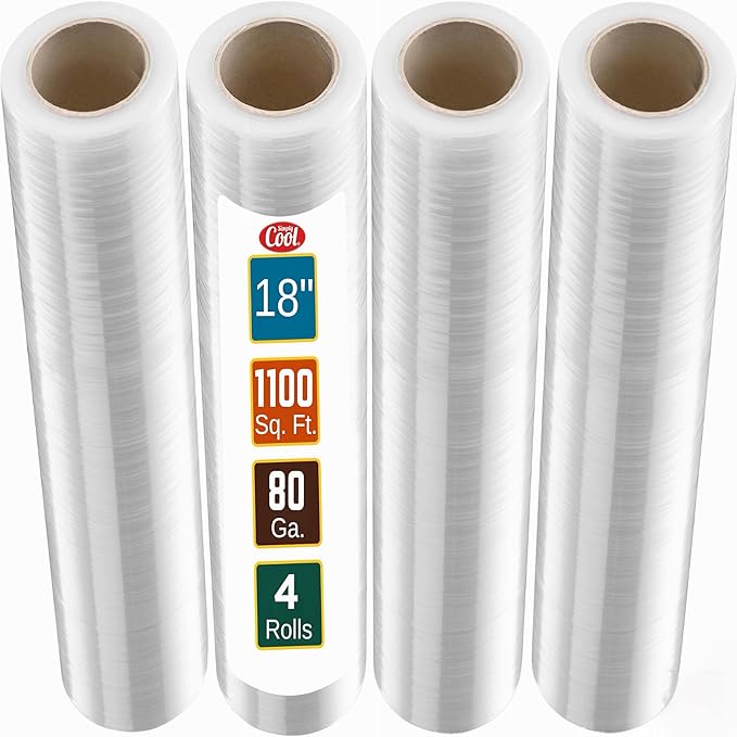 Stretch Wrap 4 Pack 18" x 1100 SqFt – Heavy Duty 80 Gauge Shrink Wrap Rolls by SimplyCool