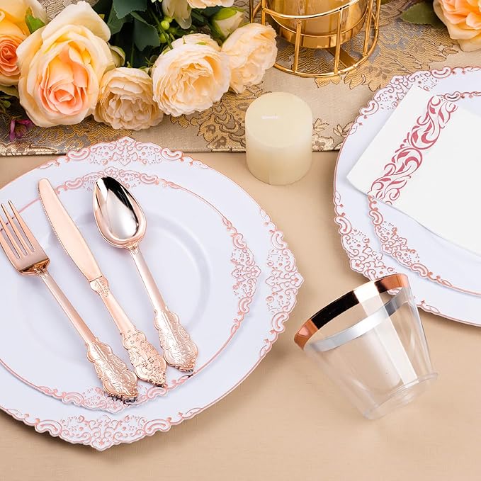 350PCS Rose Gold Plastic Plates - Image 3