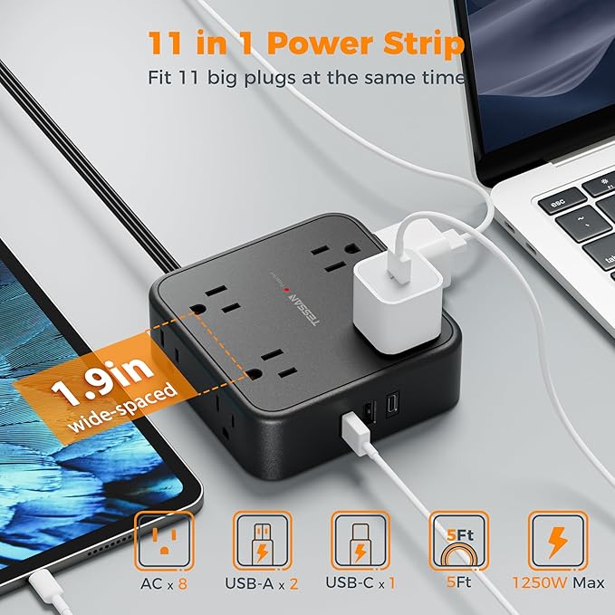 TESSAN Surge Protector Power Strip Black, 5 Ft Flat Plug Extension Cord - Image 2
