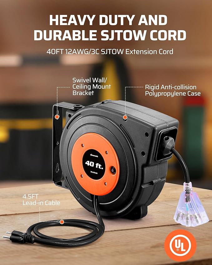 DEWENWILS Retractable Extension Cord Reel, 40 FT Heavy Duty Power Cord - Image 6