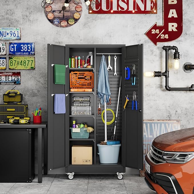 Garage Storage Cabinet with Wheels and 5 Pegboard, Broom Closet Storage Cabinet - Image 9