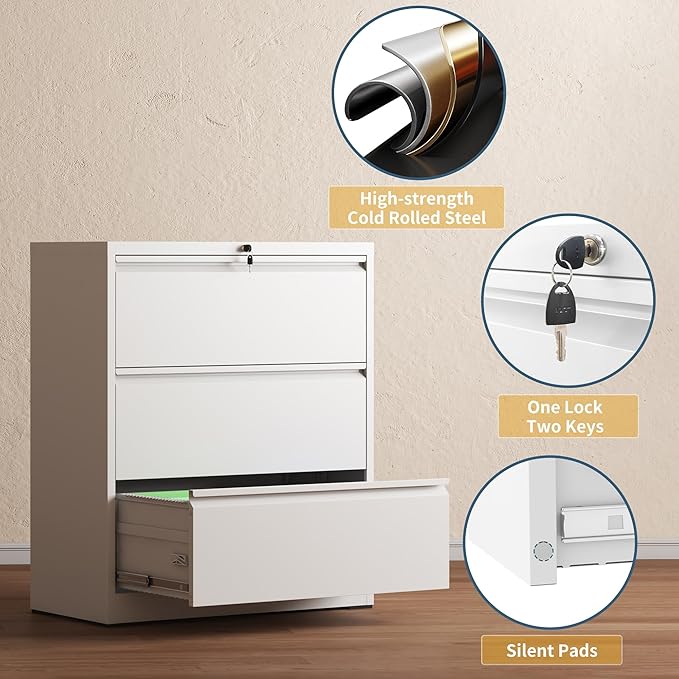 3 Drawer File Cabinet with Lock, Lateral Filing Cabinets, Metal Storage Filing - Image 4