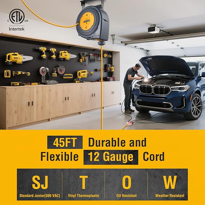 SURAIELEC 12 Gauge Extension Cord Reel, 45 FT Retractable Extension Cord - Image 2