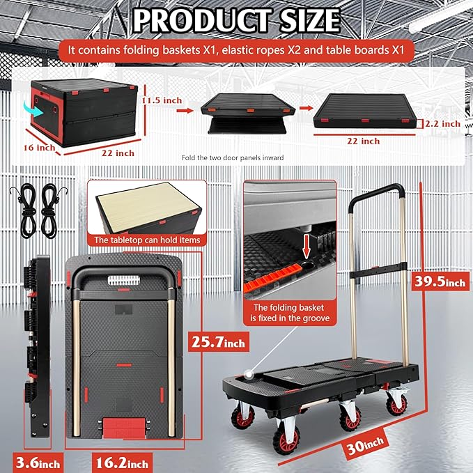 Collapsible Hand Truck w/Foldable Basket & Brake Wheel, Retractable Platform & - Image 7