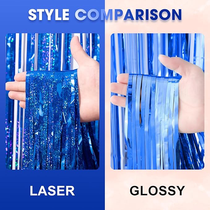 3 Pack 3.3 x 8.2 ft Laser Blue Foil Fringe Backdrop Curtains, Tinsel Streamers - Image 3