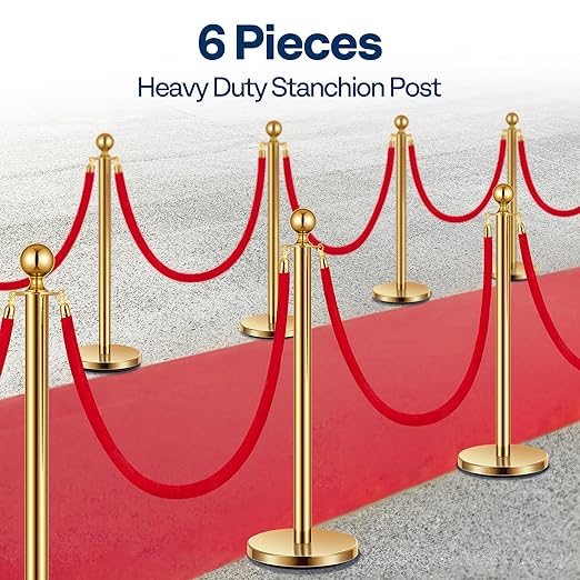 VIVOHOME Stainless Steel Stanchion Post Queue 6PCS Pole w/ 4 Red Velvet Ropes - Image 2