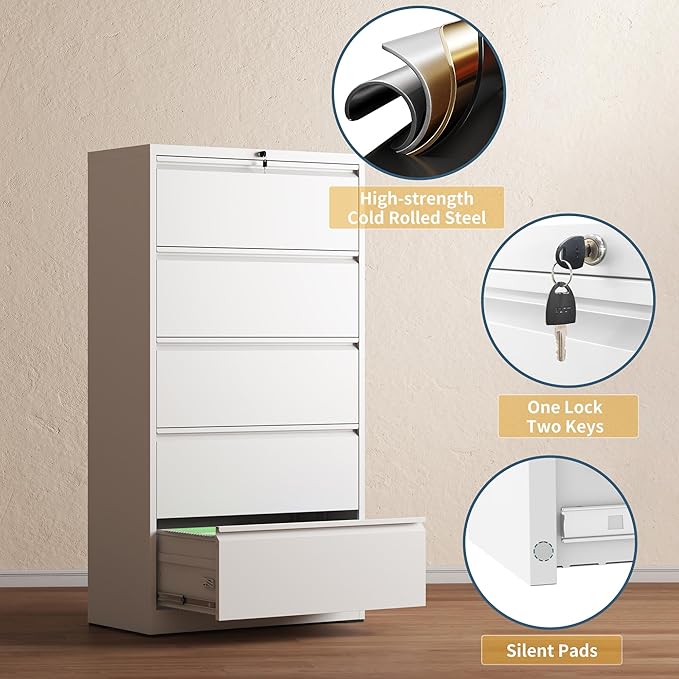 5 Drawer File Cabinet with Lock, Lateral Filing Cabinets, Metal Storage Filing - Image 4