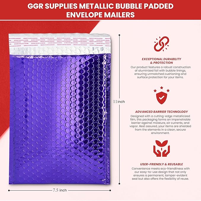 GGR Supplies Metallic Bubble Padded Envelope Mailers, 7.5 X 11 Inches, - Image 2