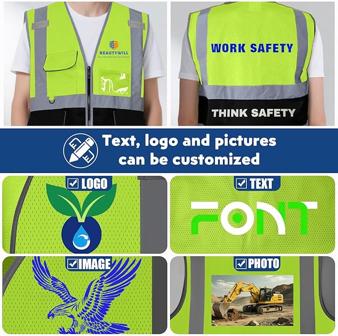 BeautyWill 10/20 Pack Custom Logo Safety Vest, Bulk High Visibility Class 2 - Image 5
